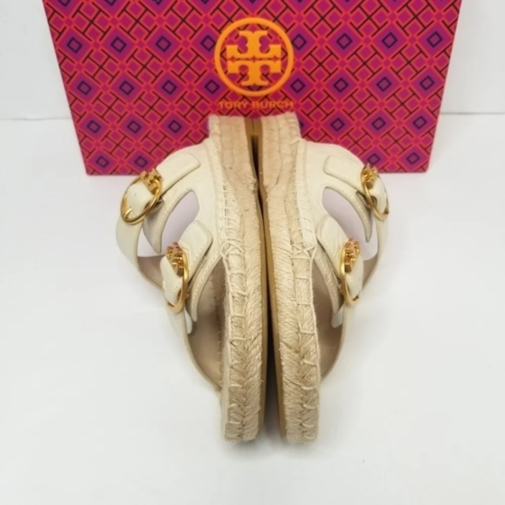 Tory Burch Selby Cream Leather Two Band Espadrille Slides